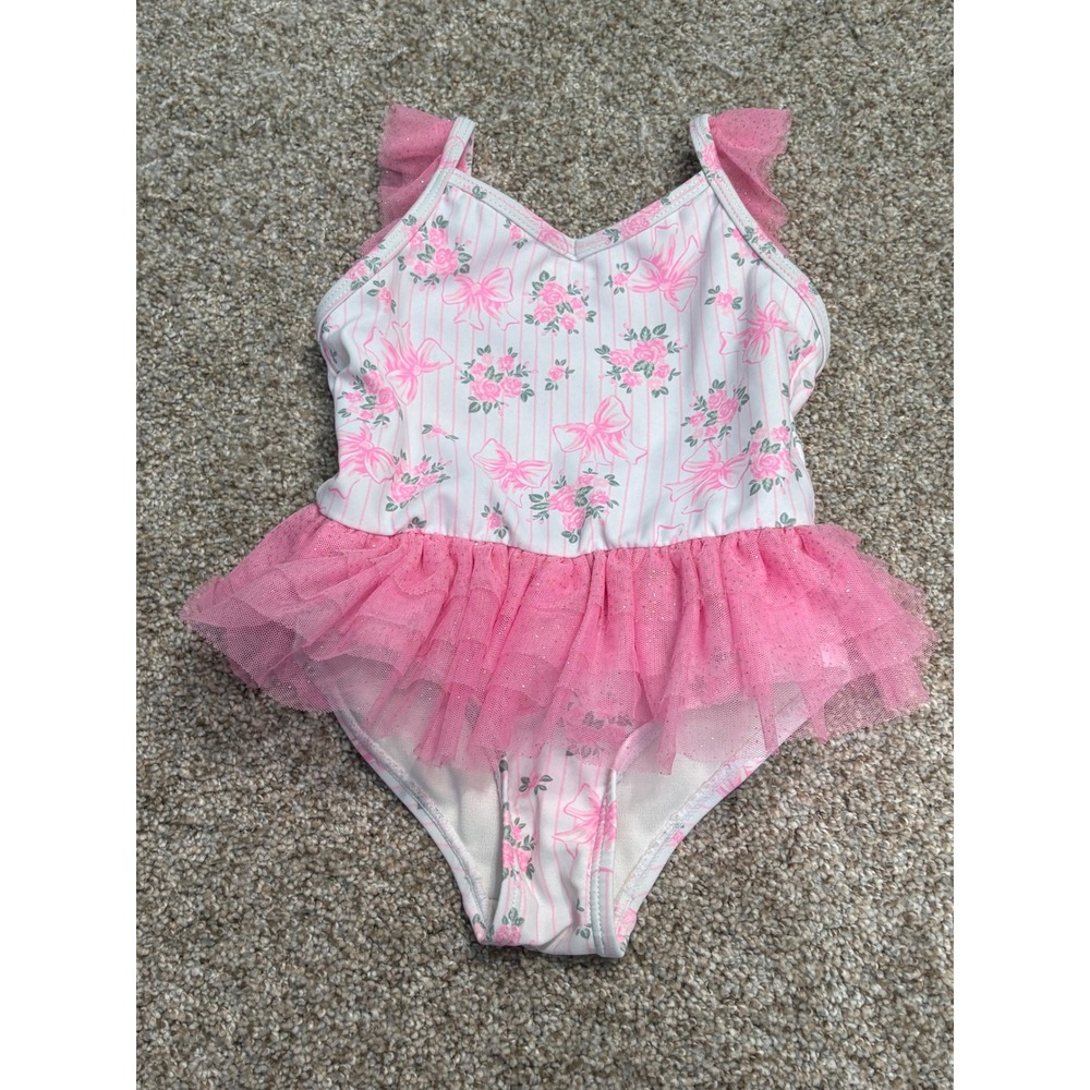 Nicole Miller Swimsuit Toddler Girl 24M Pink Floral Tutu Ruffle One Piece Swim